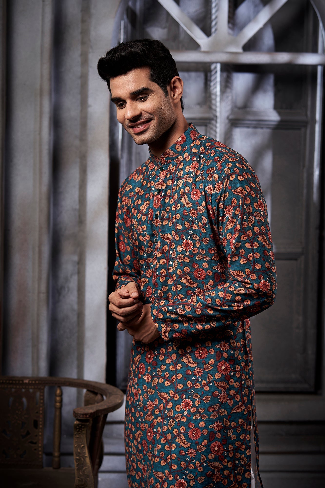 Dark Green Floral Cotton Print Kurta