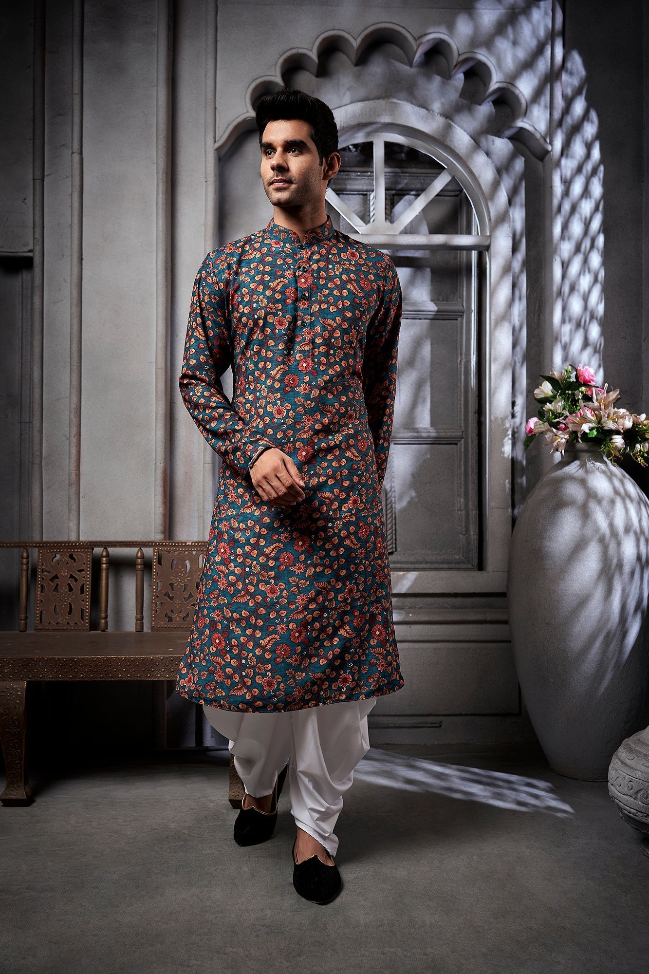 Dark Green Floral Cotton Print Kurta