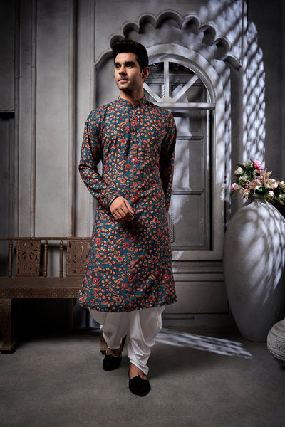 Dark Green Floral Cotton Print Kurta