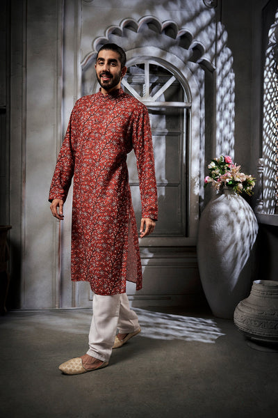 Brown Floral Cotton Print Kurta