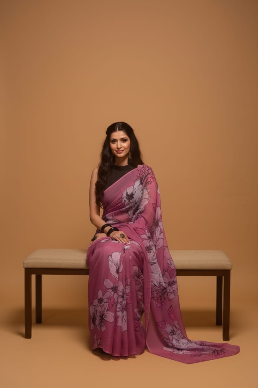 Floral Grove Satin Print Saree