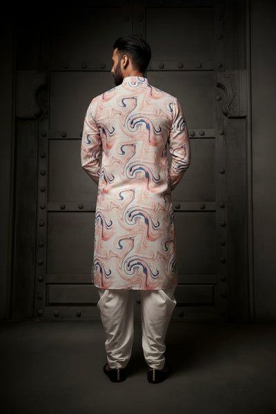 White and Peach Abstract Cotton Print Kurta