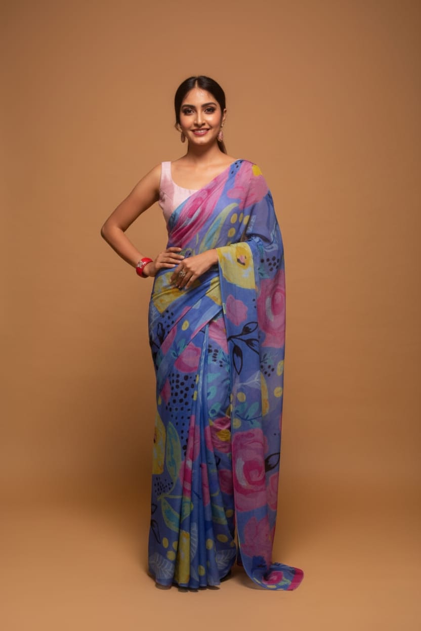 Floral River Satin Print Saree