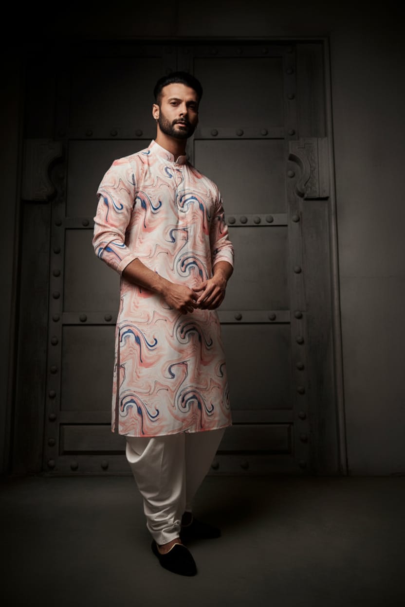 White and Peach Abstract Cotton Print Kurta