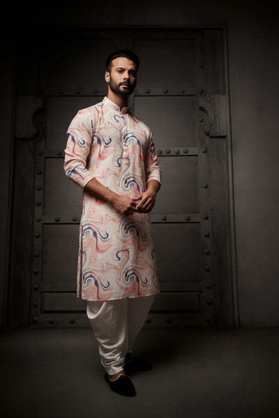 White and Peach Abstract Cotton Print Kurta