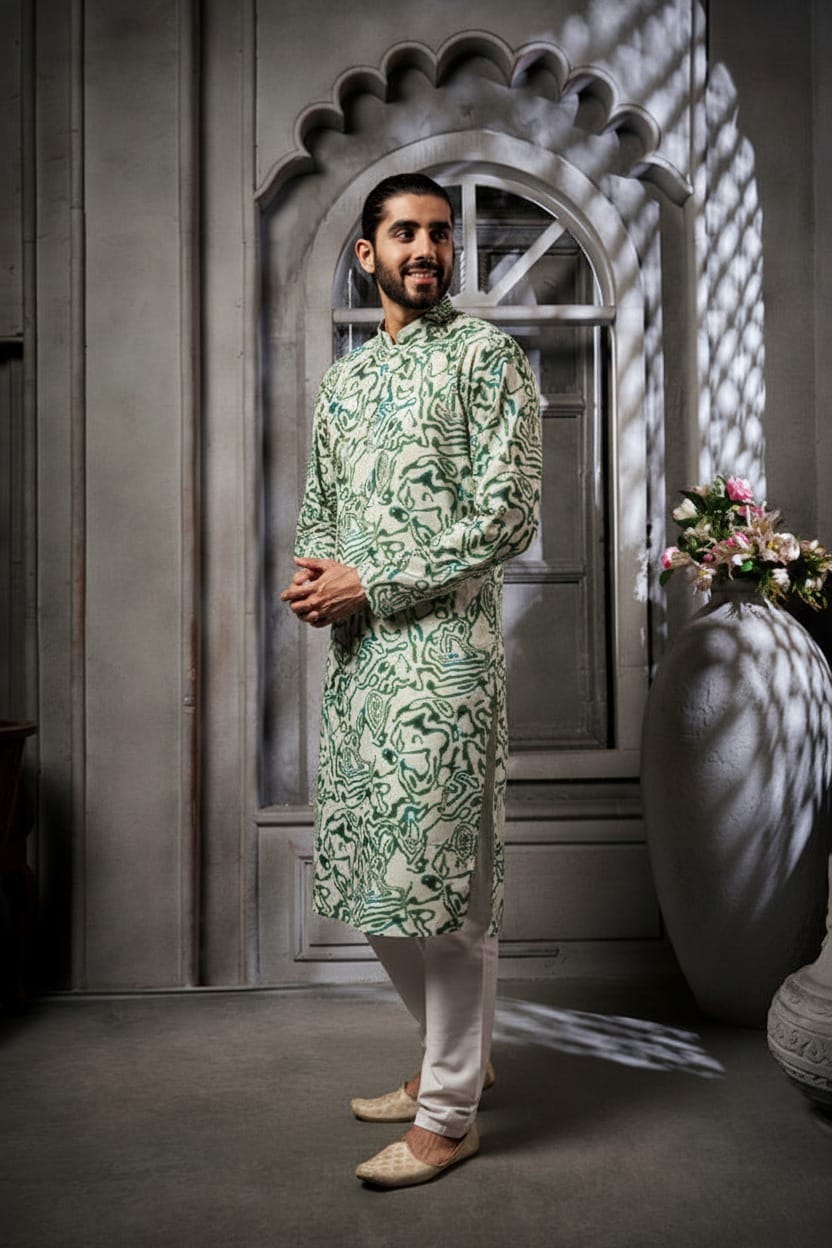 Green Abstract Cotton Print Kurta