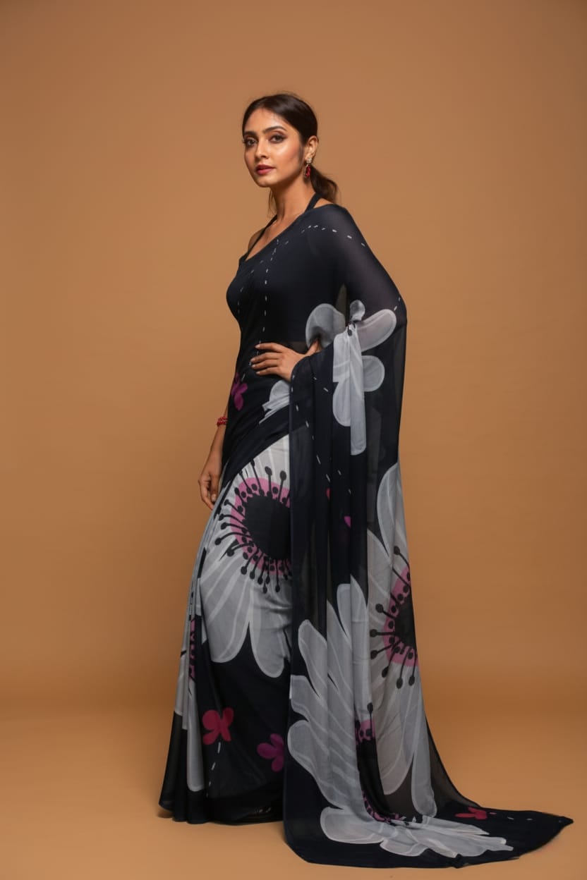 Noir Blooms Satin Print Saree