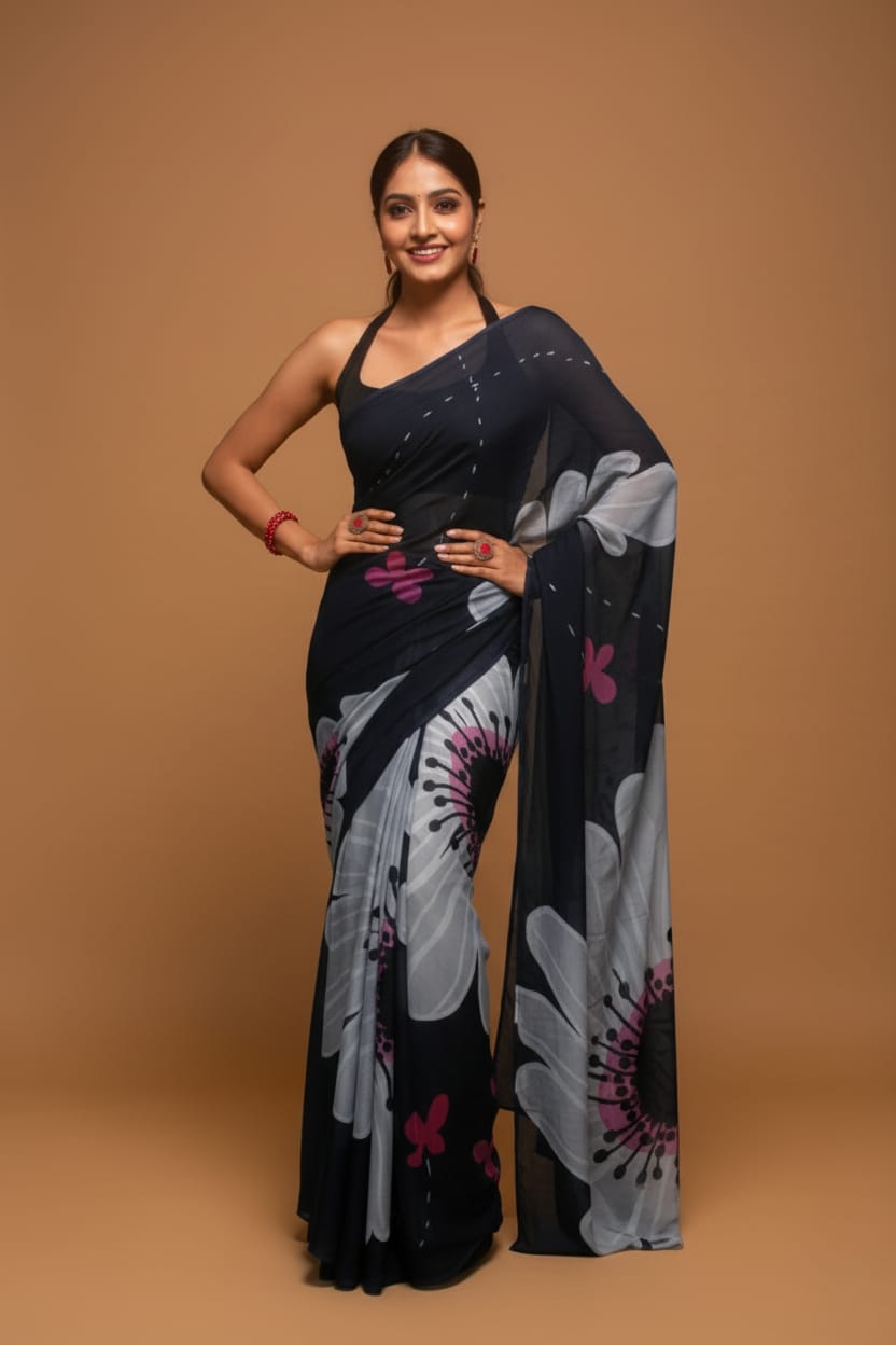 Noir Blooms Satin Print Saree