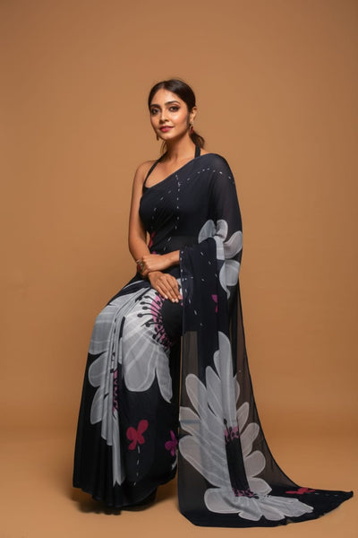 Noir Blooms Satin Print Saree