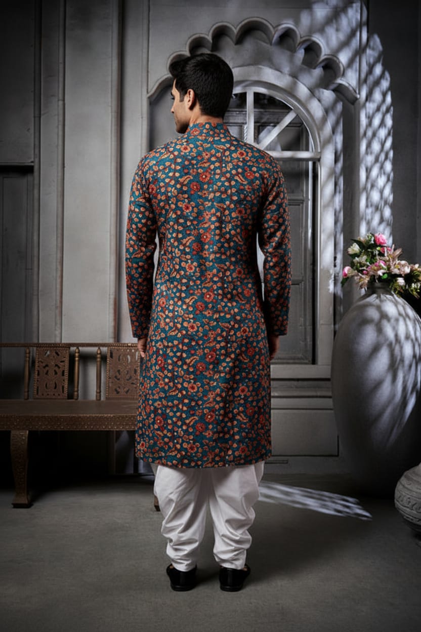 Dark Green Floral Cotton Print Kurta