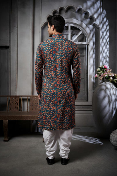 Dark Green Floral Cotton Print Kurta