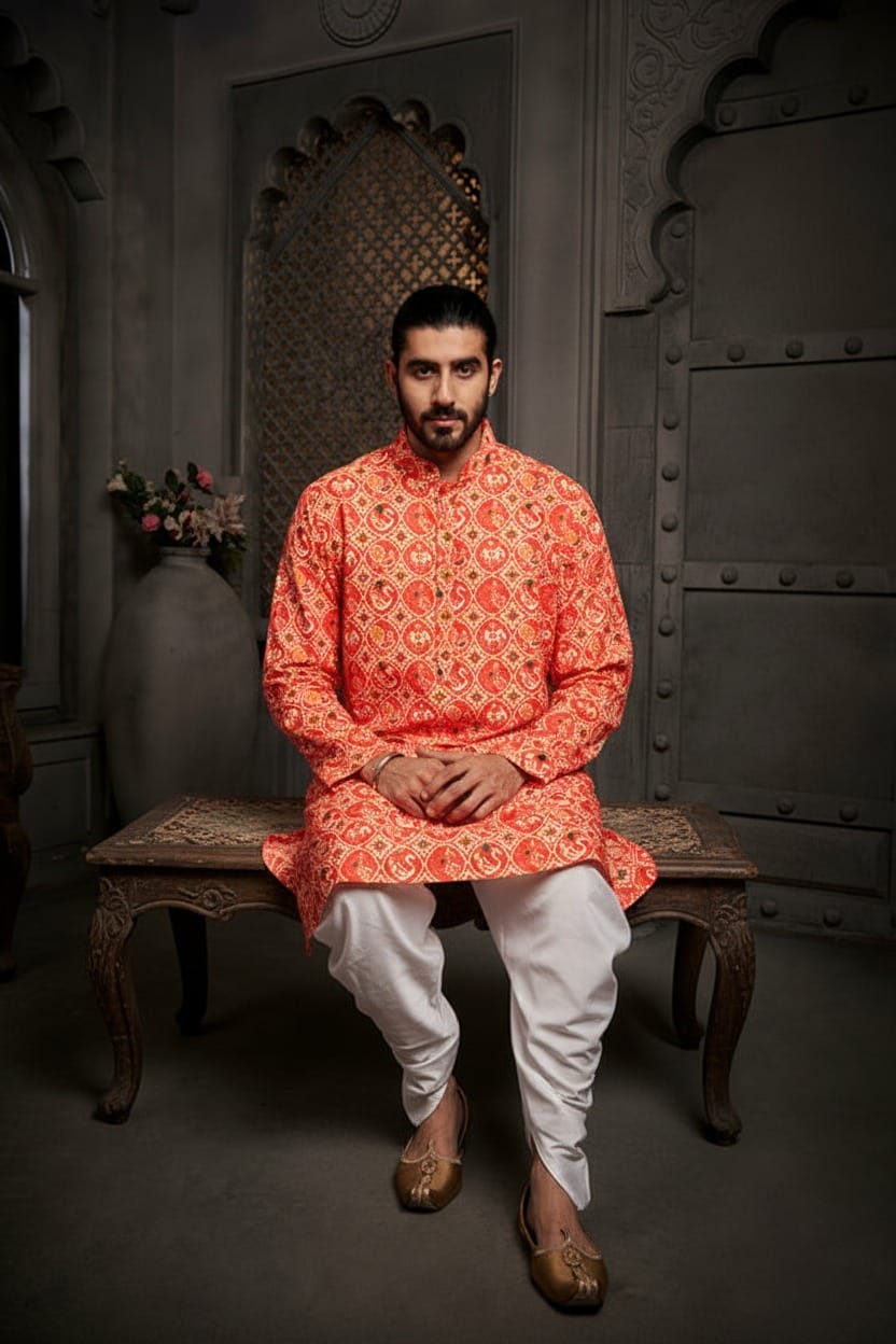 Orange Cotton Print Kurta