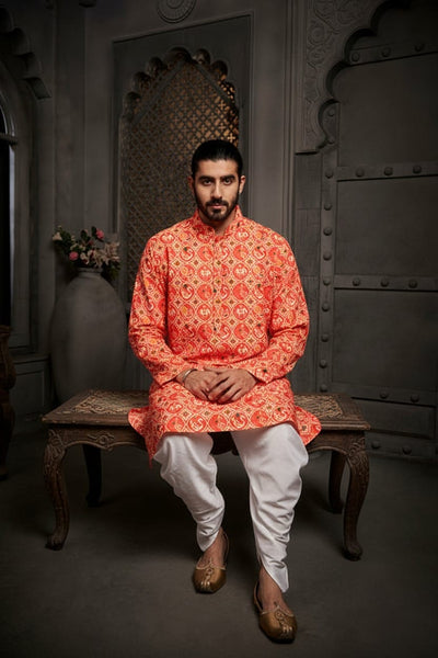 Orange Cotton Print Kurta