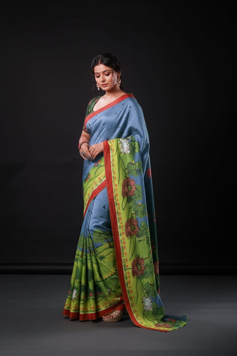 Inspired Lotus Artwork Satin Print Saree