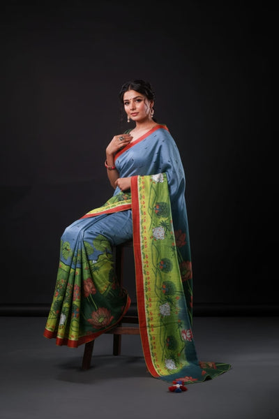 Inspired Lotus Artwork Satin Print Saree