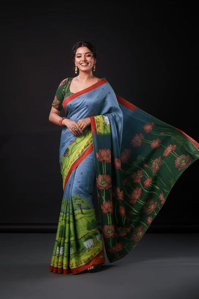 Inspired Lotus Artwork Satin Print Saree