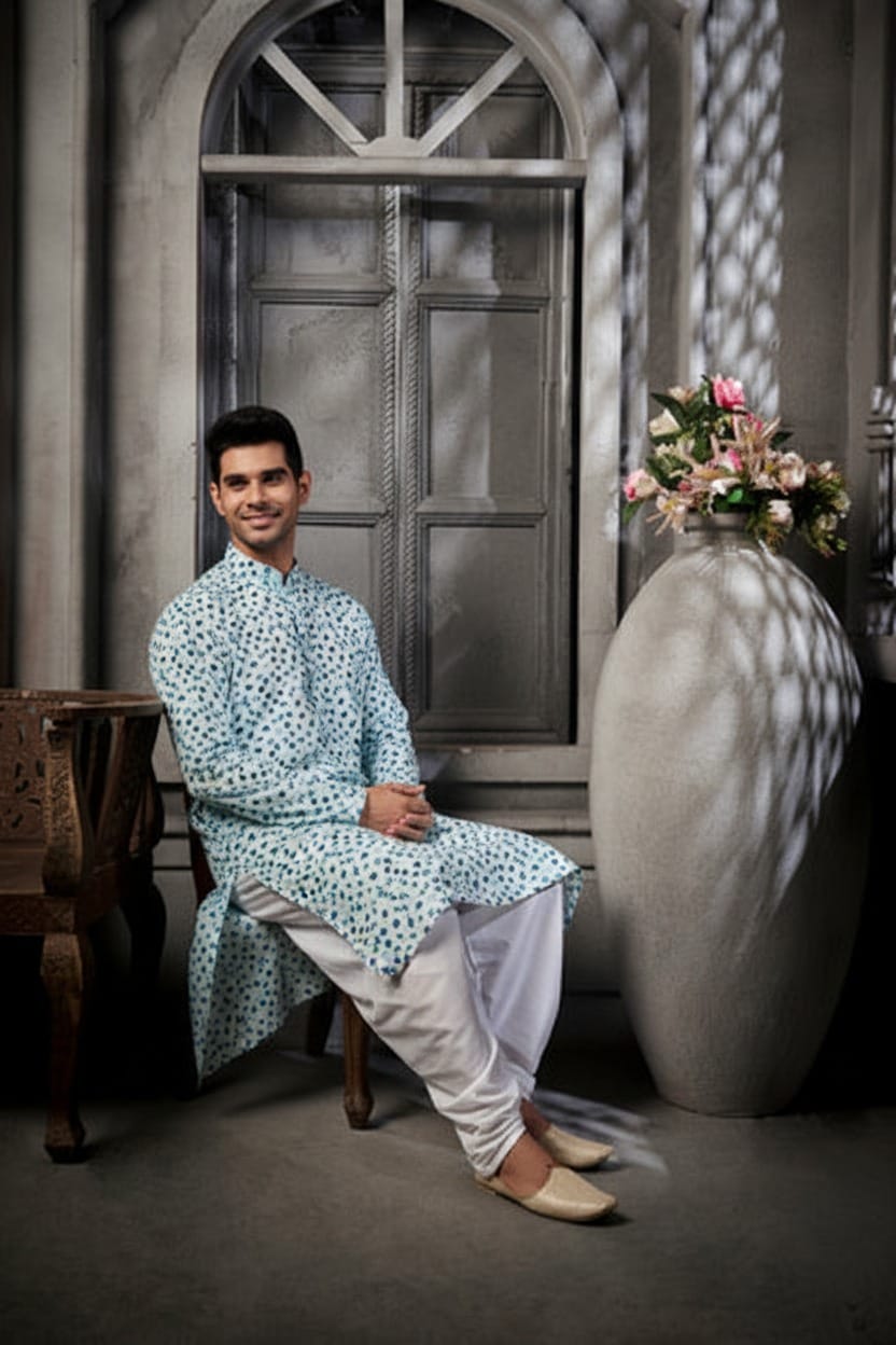 Turquoise Blue Cotton Print Kurta