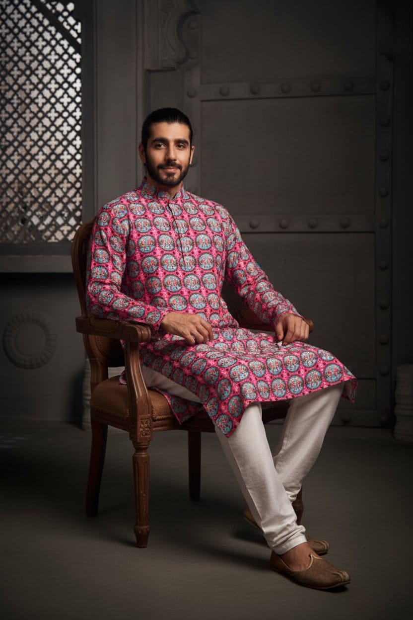 Dark Pink Elephant Cotton Print Kurta