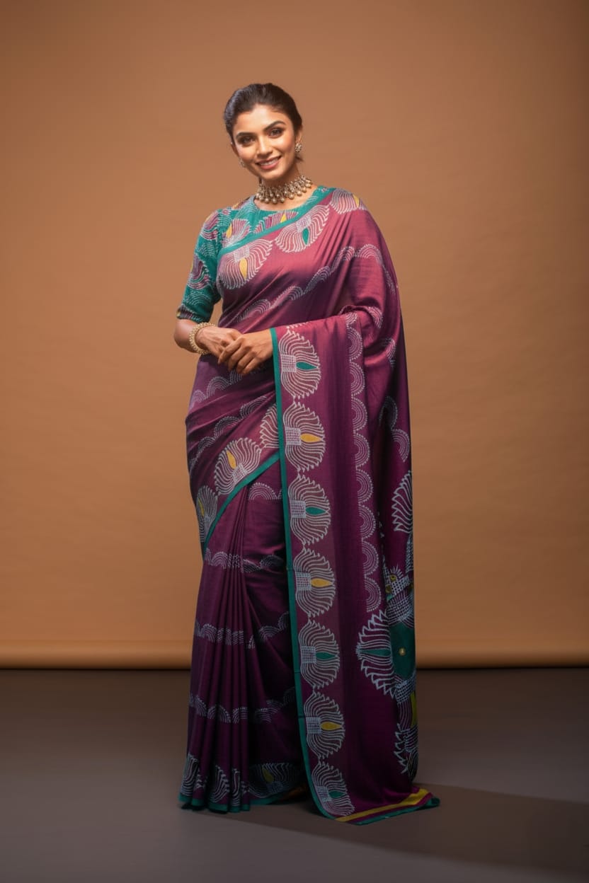 Auspicious Lotus Satin Print Saree