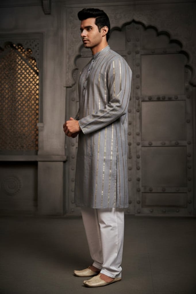 Grey Stripes Cotton Weave Kurta