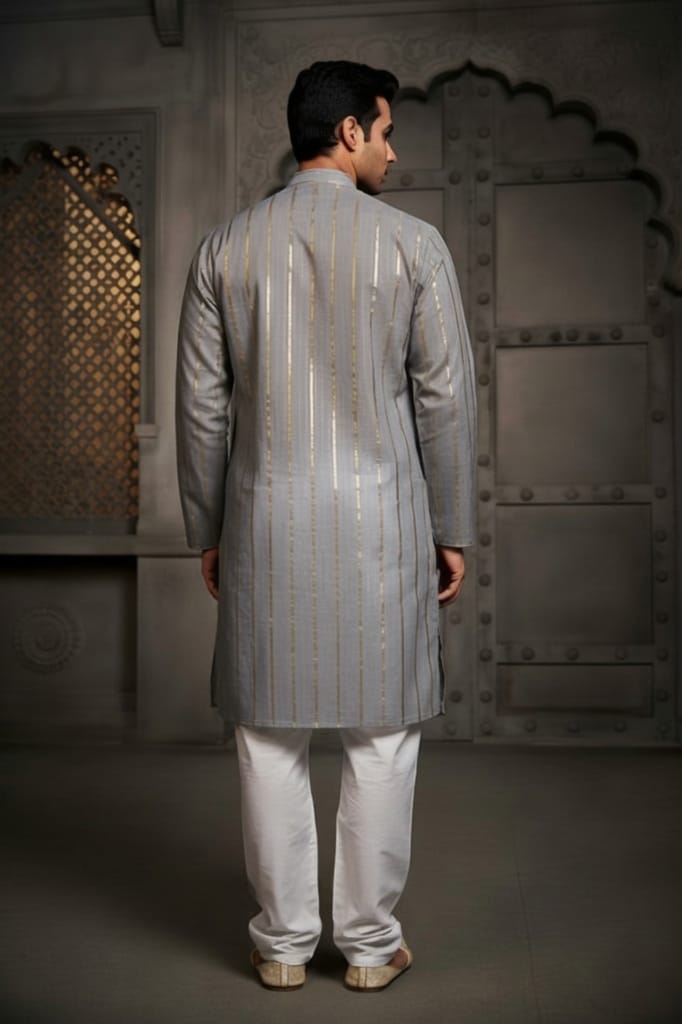 Grey Stripes Cotton Weave Kurta