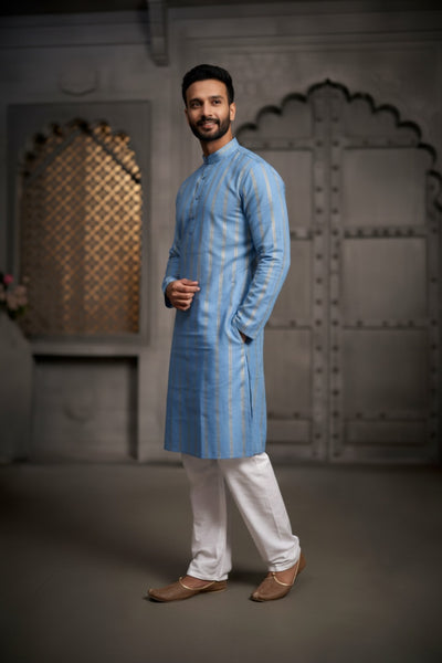 Light Blue Stripes Cotton Weave Kurta