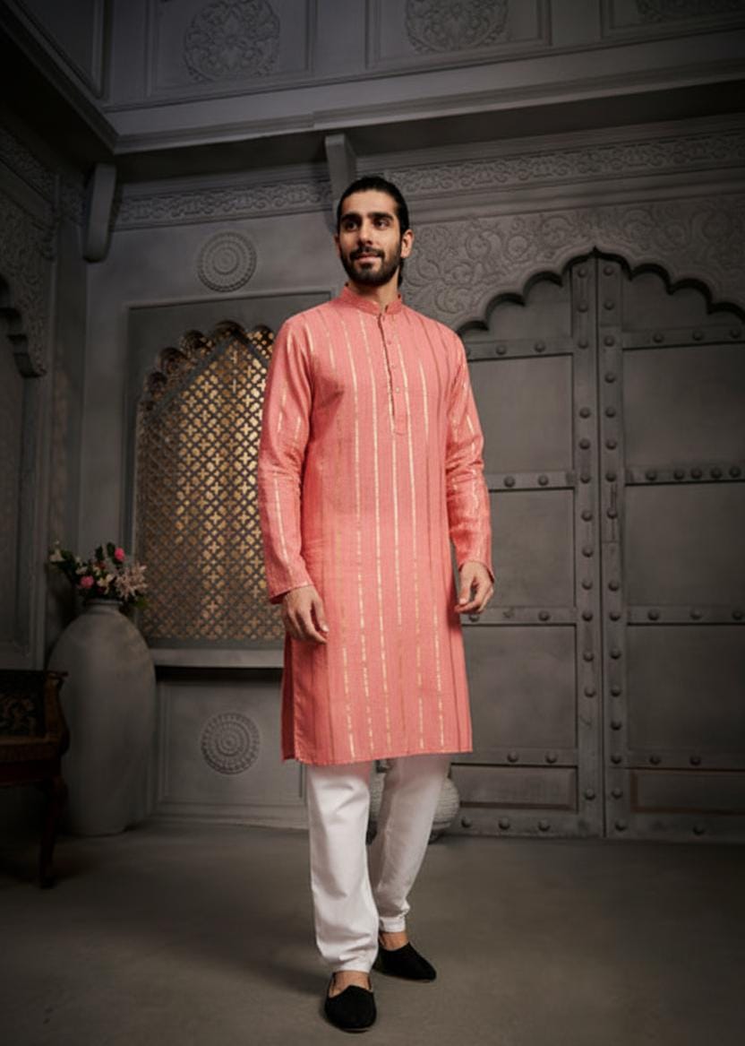 Peach Stripes Cotton Weave Kurta