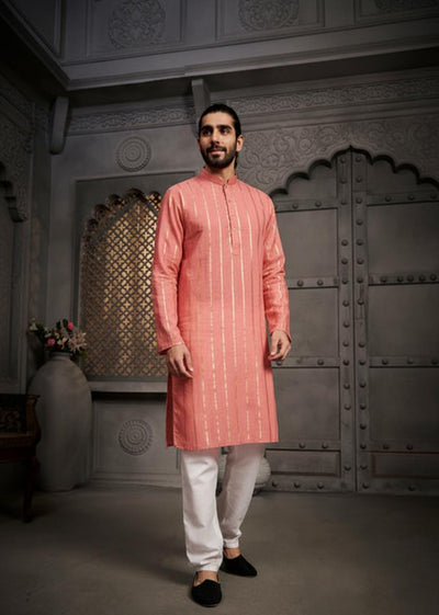 Peach Stripes Cotton Weave Kurta