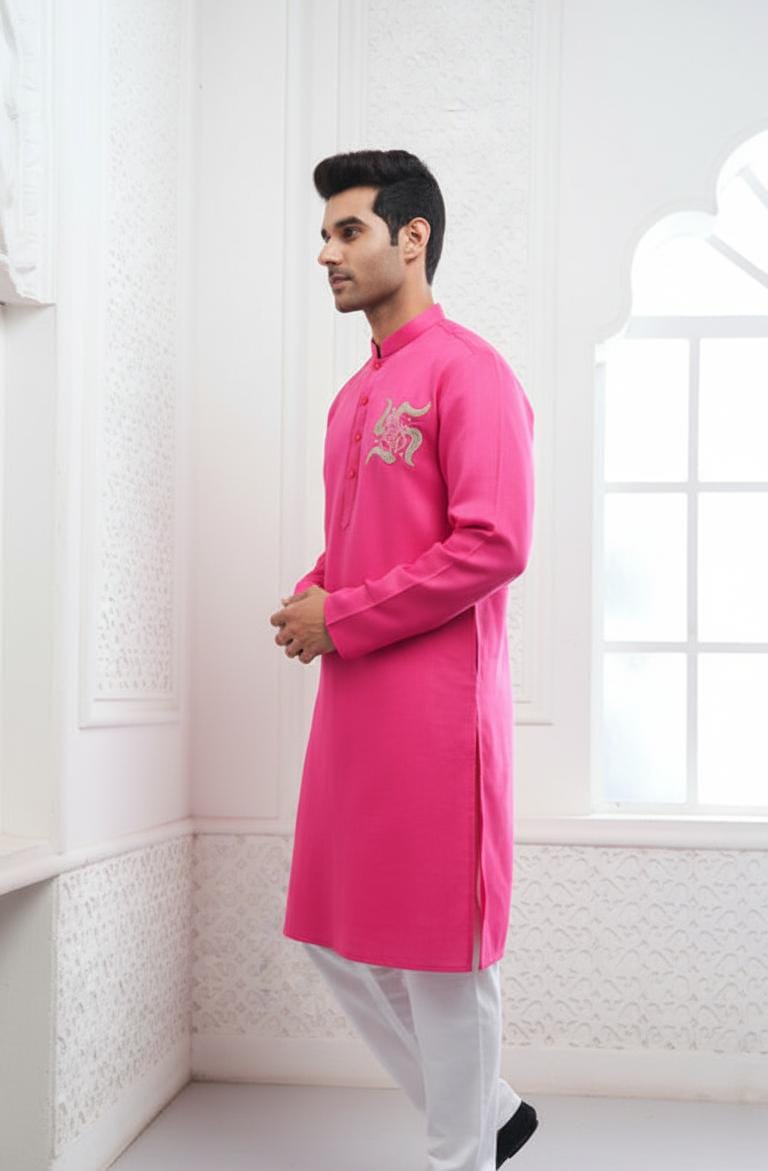 Pink Ganesha Embroidery Linen Kurta