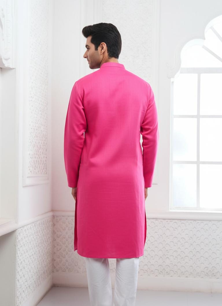 Pink Ganesha Embroidery Linen Kurta