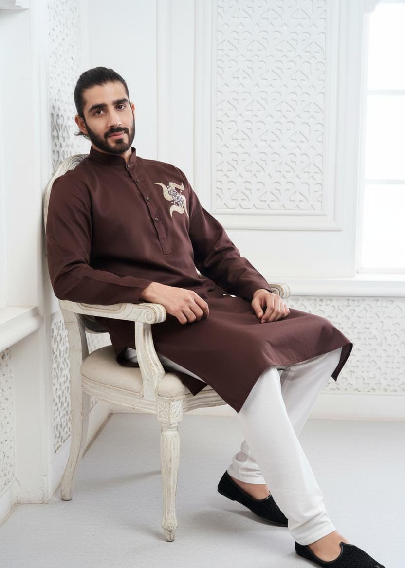 Dark Brown Ganesha Embroidery Linen Kurta