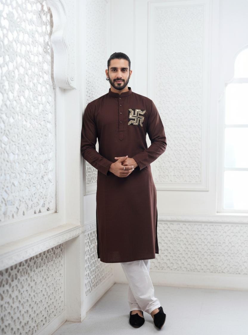 Dark Brown Ganesha Embroidery Linen Kurta