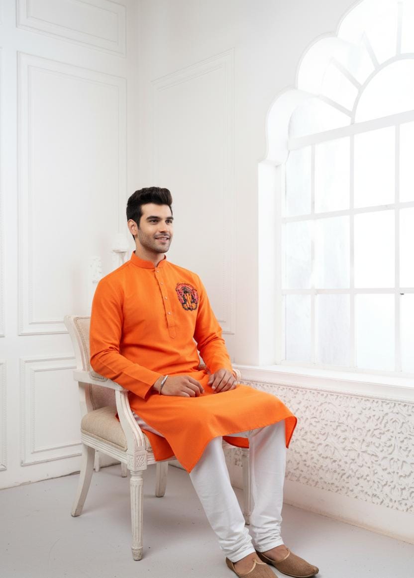 Proud Orange Ganesha Embroidery Linen Kurta