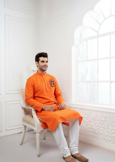 Proud Orange Ganesha Embroidery Linen Kurta