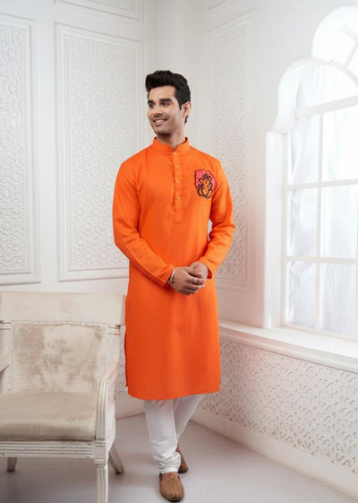 Proud Orange Ganesha Embroidery Linen Kurta