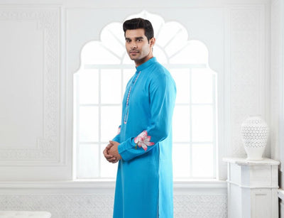 Light Blue Lotus Embroidery Linen Kurta