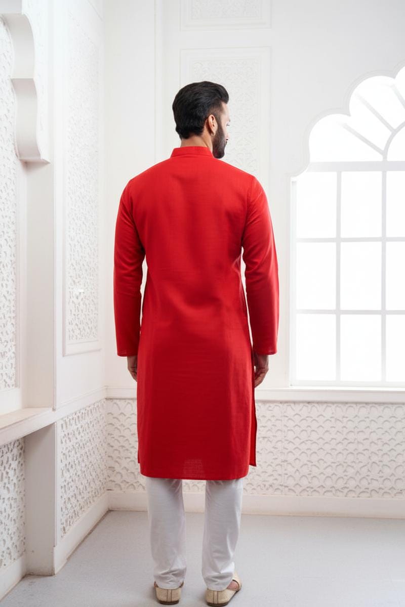 Red Ganesha Embroidery Linen Kurta