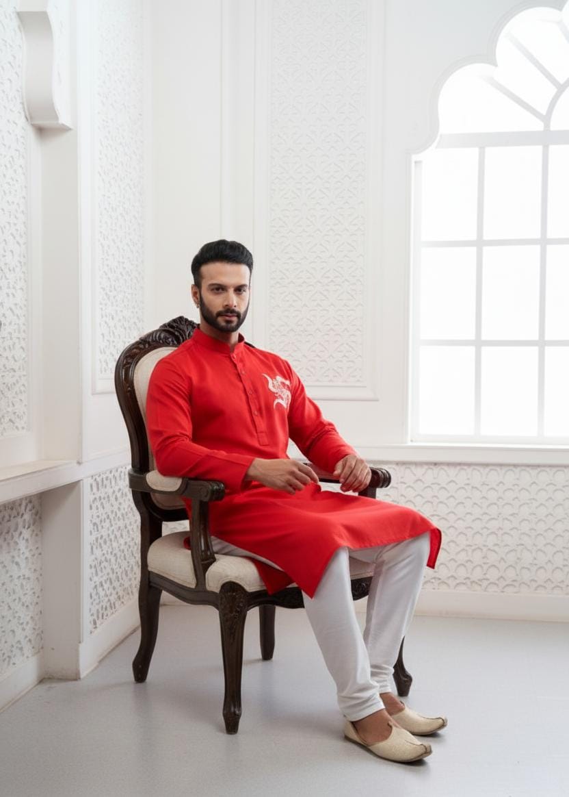 Red Ganesha Embroidery Linen Kurta