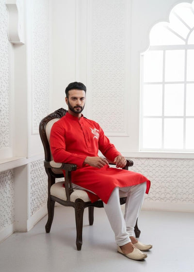 Red Ganesha Embroidery Linen Kurta