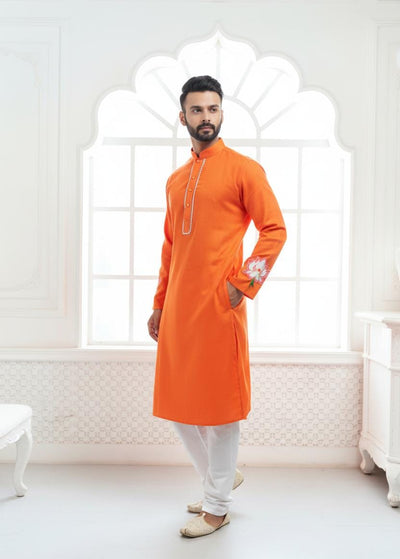 Orange Lotus Embroidery Linen Kurta