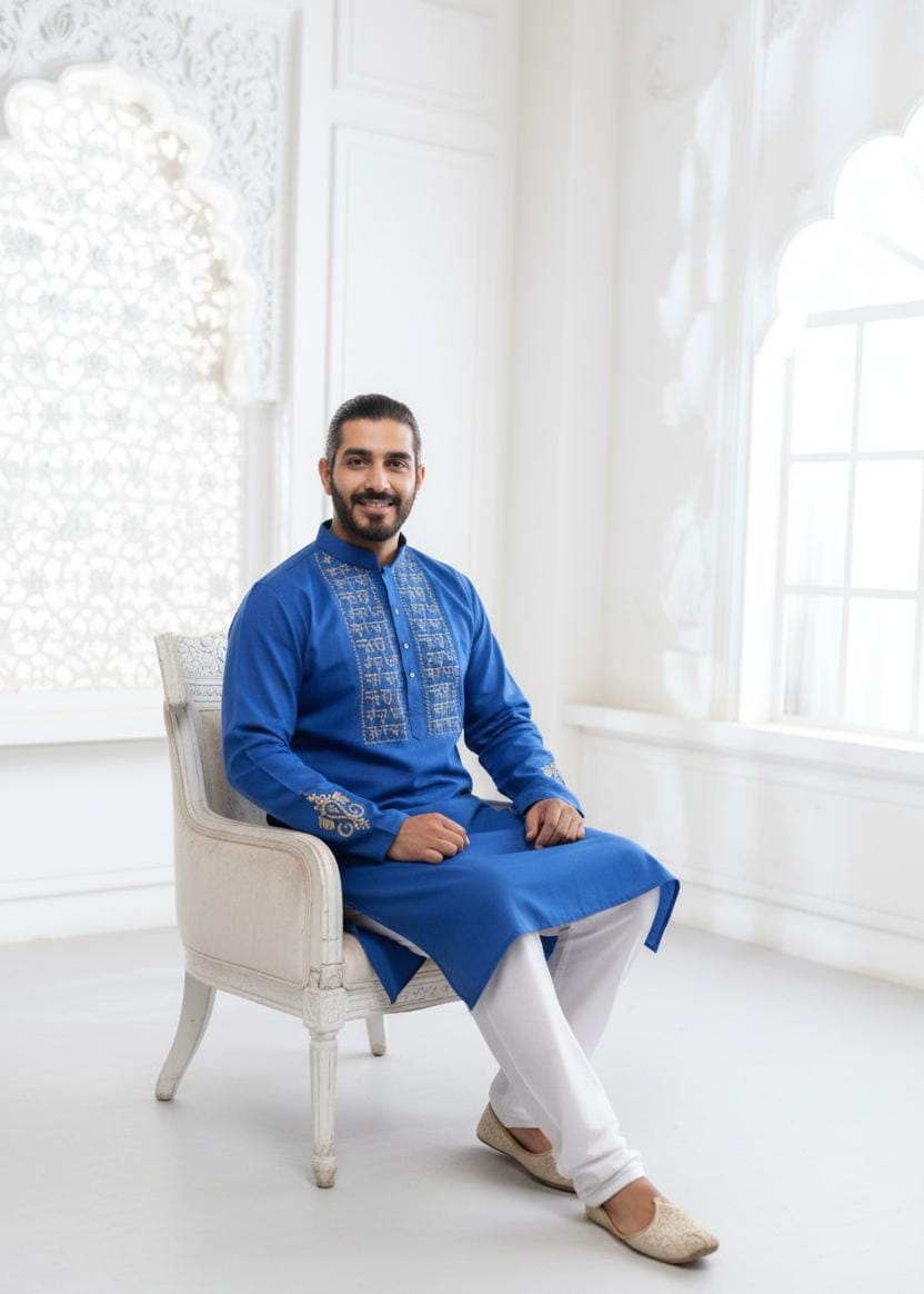 Dark Blue Scripture Embroidery Linen Kurta