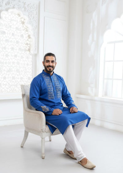 Dark Blue Scripture Embroidery Linen Kurta