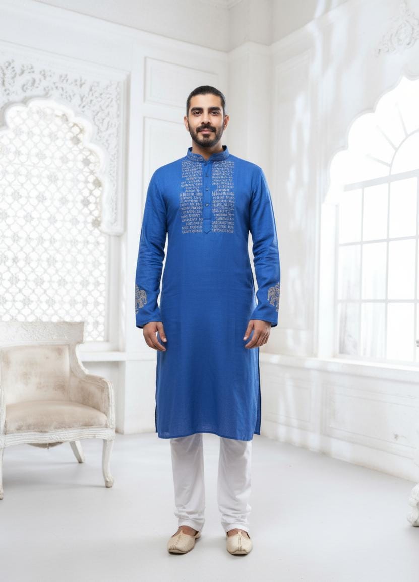 Dark Blue Scripture Embroidery Linen Kurta
