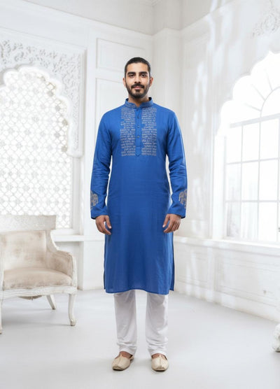 Dark Blue Scripture Embroidery Linen Kurta