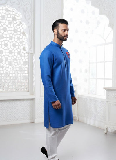 Proud Dark Blue Ganesha Embroidery Linen Kurta