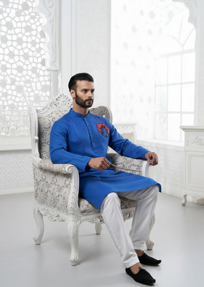 Proud Dark Blue Ganesha Embroidery Linen Kurta