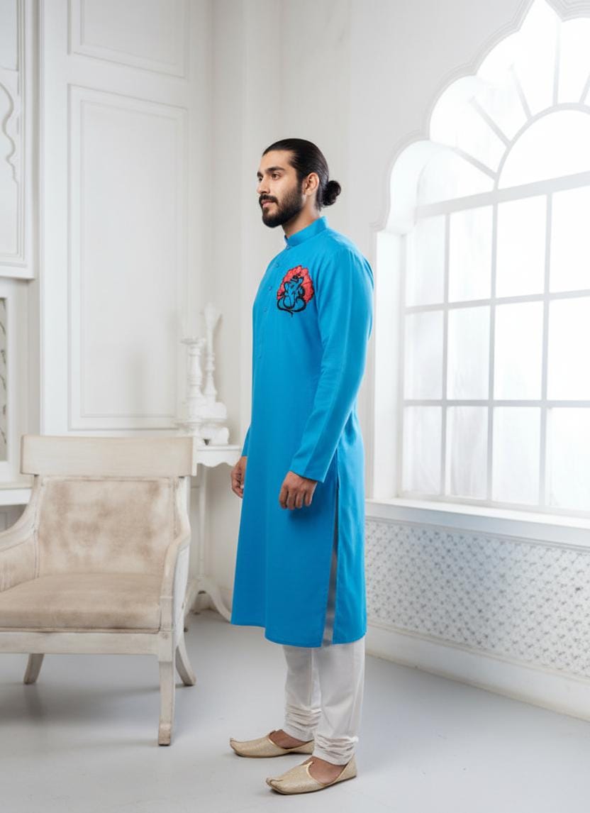 Proud Light Blue Ganesha Embroidery Linen Kurta