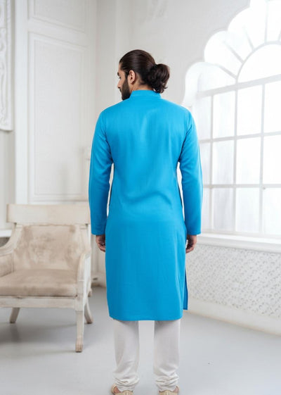 Proud Light Blue Ganesha Embroidery Linen Kurta
