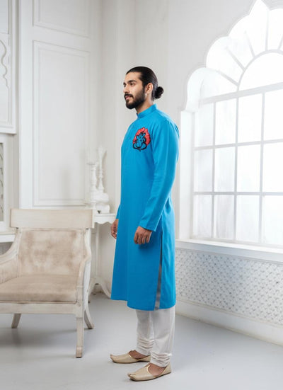 Proud Light Blue Ganesha Embroidery Linen Kurta