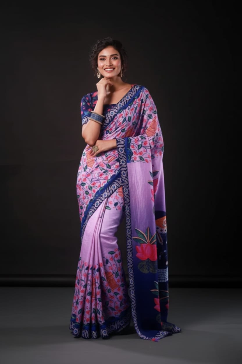 Lavender Floral Artwork Satin Print Saree